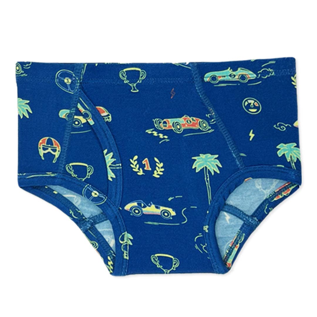 Blue children's underwear with car and palm tree pattern on a white background