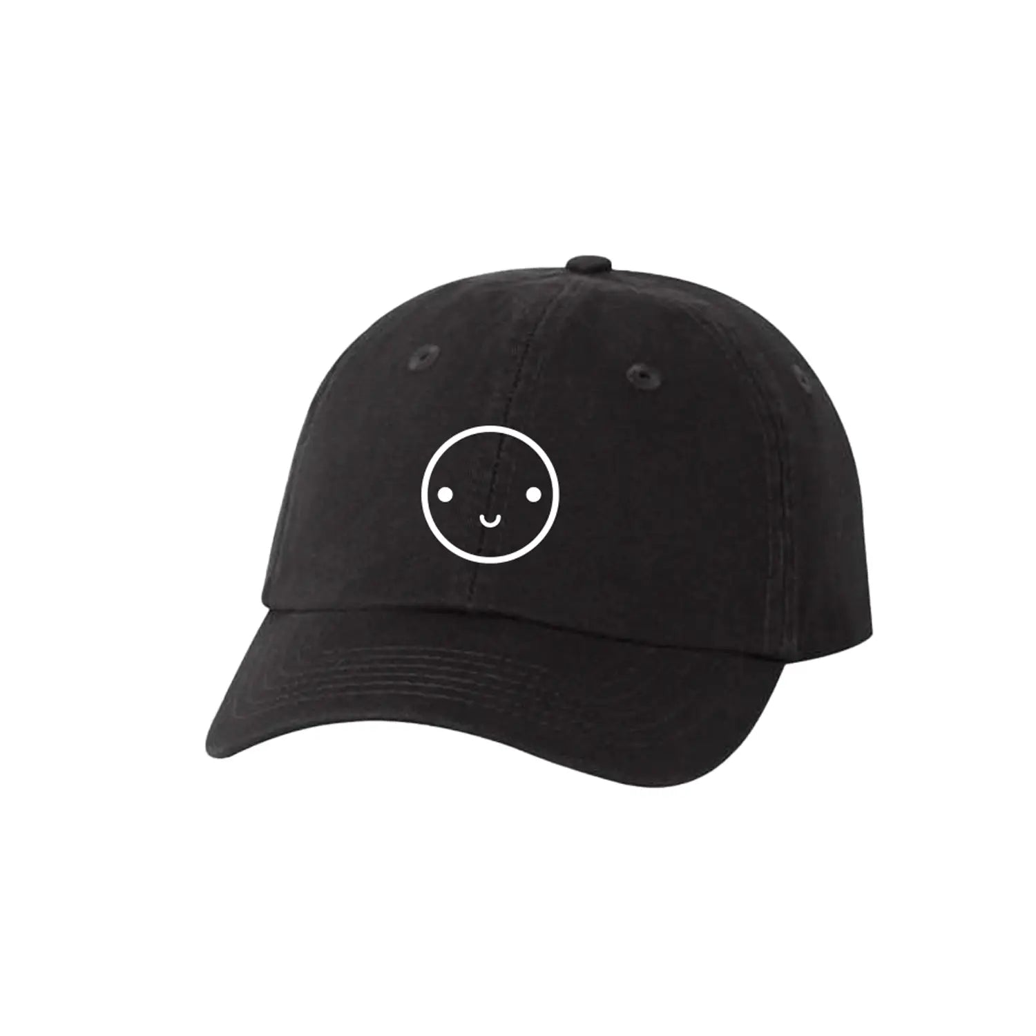 Black cap with a white smiley face design on a white background
