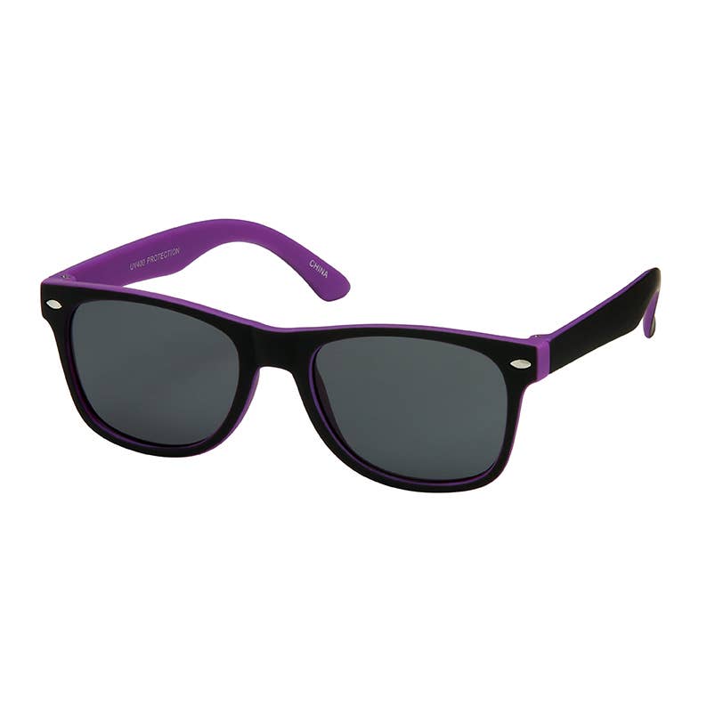 Black and purple sunglasses with dark gray lenses, featuring a classic wayfarer-style frame and purple temple arms.