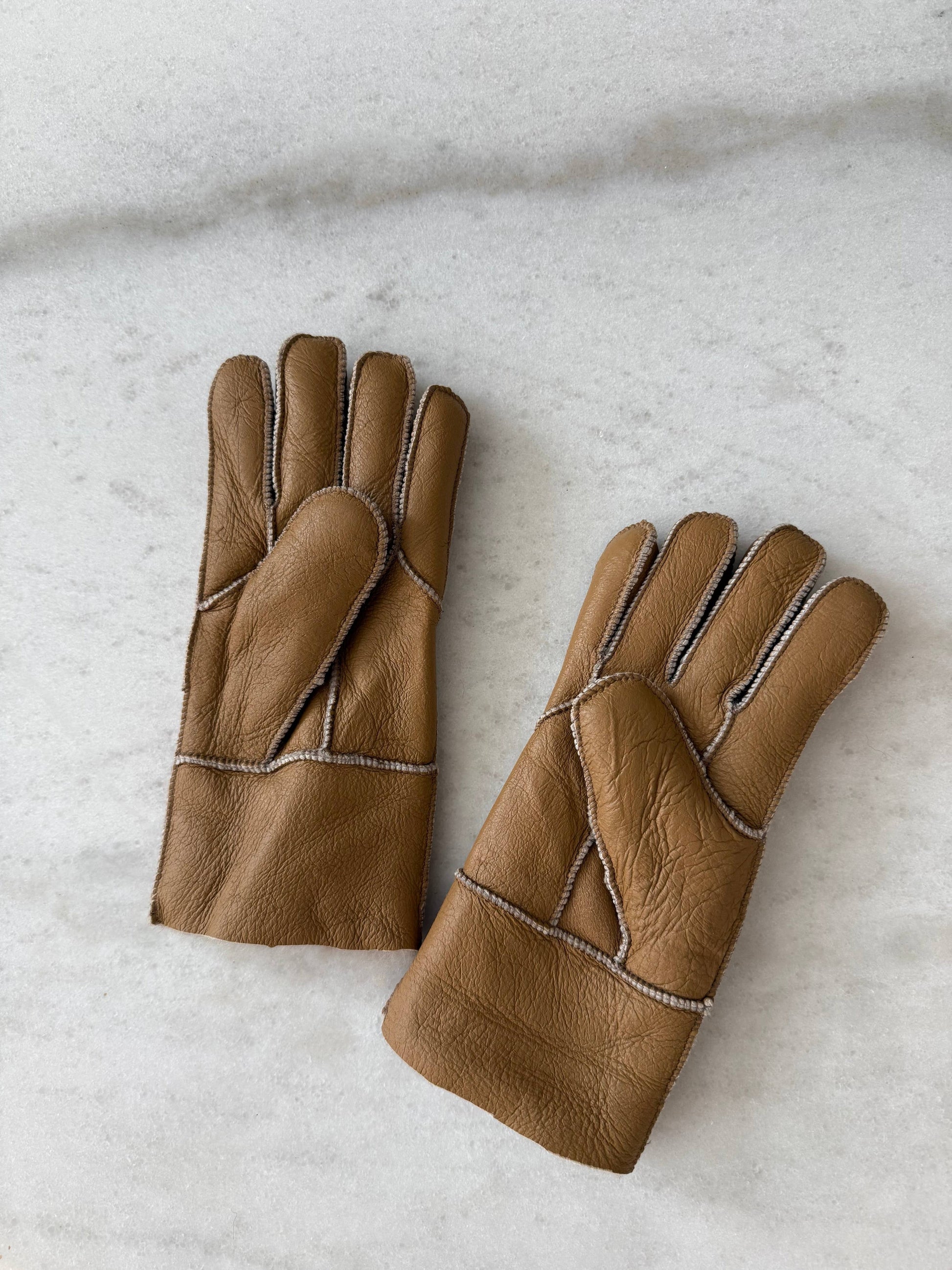 Pair of brown leather gloves on a light gray background