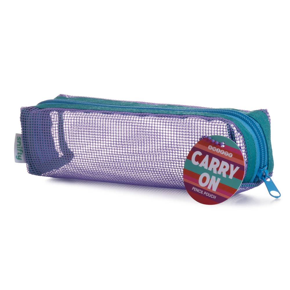 Pencil case with a mesh front and blue zipper, featuring a 'Carry On' tag on a white background.