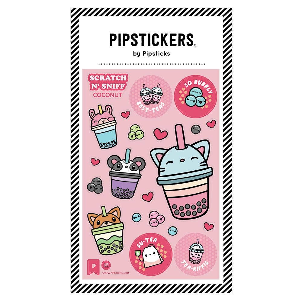 Pipsticks Scratch 'N' Sniff stickers on a pink background with black border