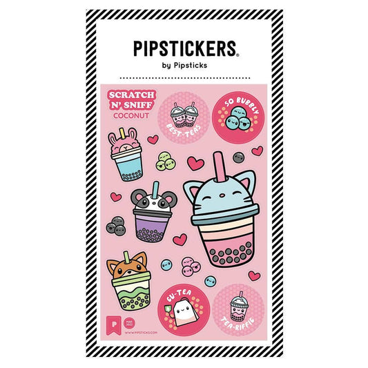 Pipsticks Scratch 'N' Sniff stickers on a pink background with black border