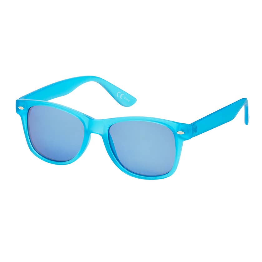Blue sunglasses with a white background