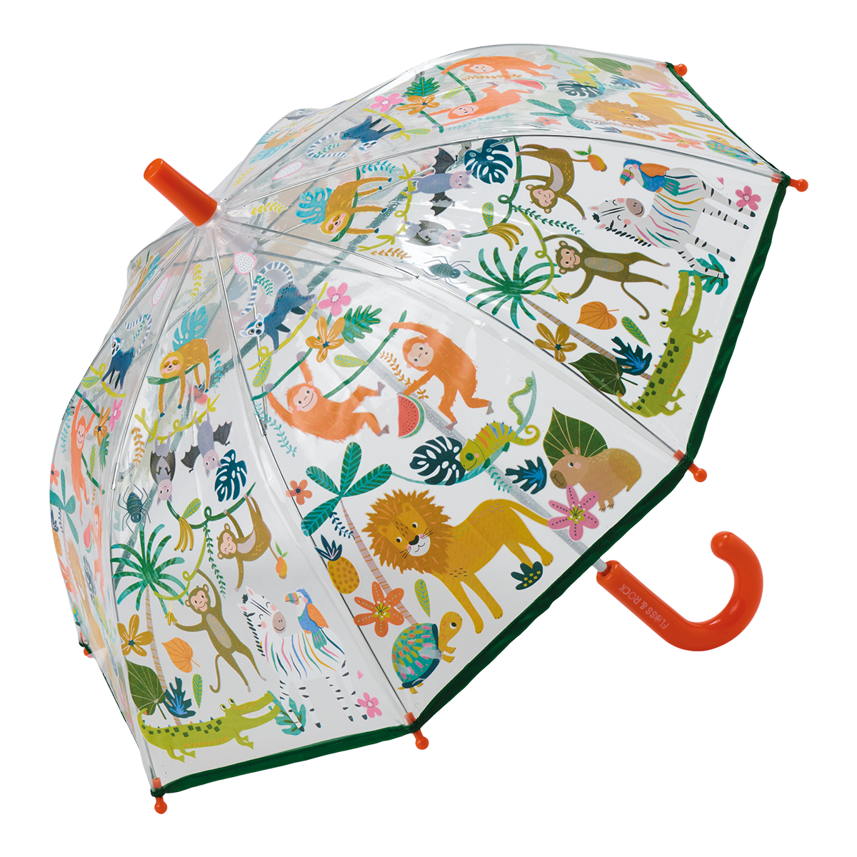 Children's umbrella with colorful animal pattern on a white background