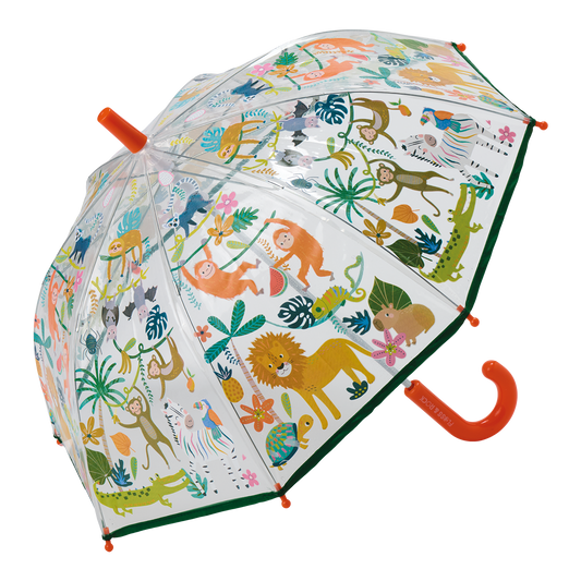 Children's umbrella with colorful animal pattern on a white background