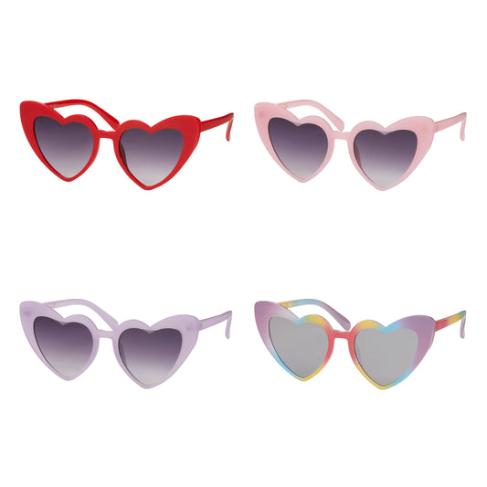 Four pairs of heart-shaped sunglasses arranged in a 2x2 grid on a white background. The top-left pair is bright red, the top-right is light pink, the bottom-left is pale lavender, and the bottom-right has a rainbow iridescent frame with silver gradient lenses.