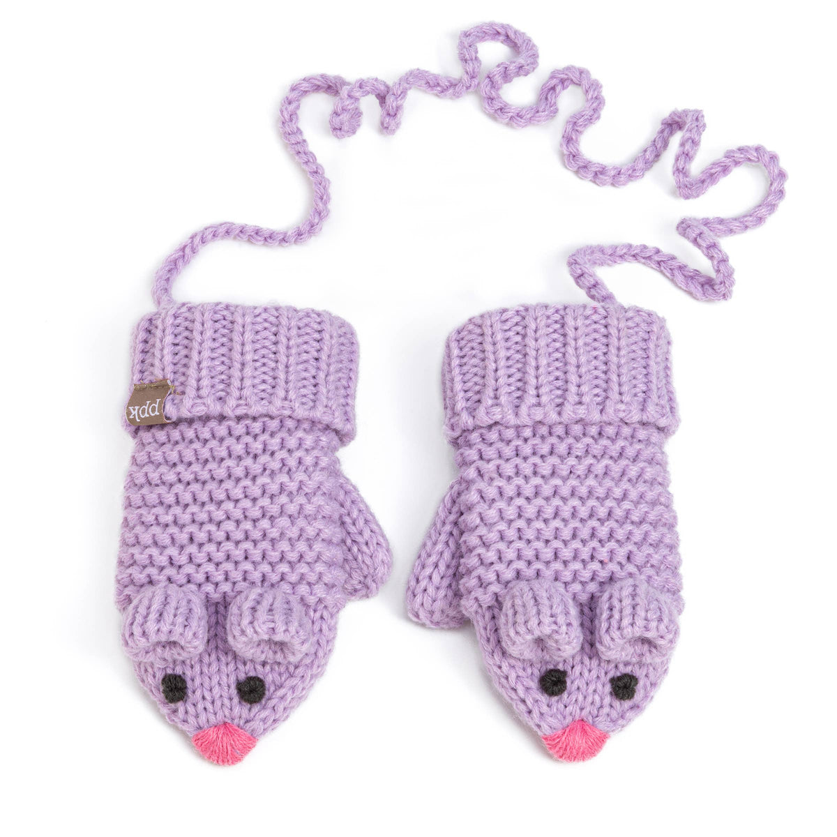 Purple knitted mouse gloves with a string on a white background