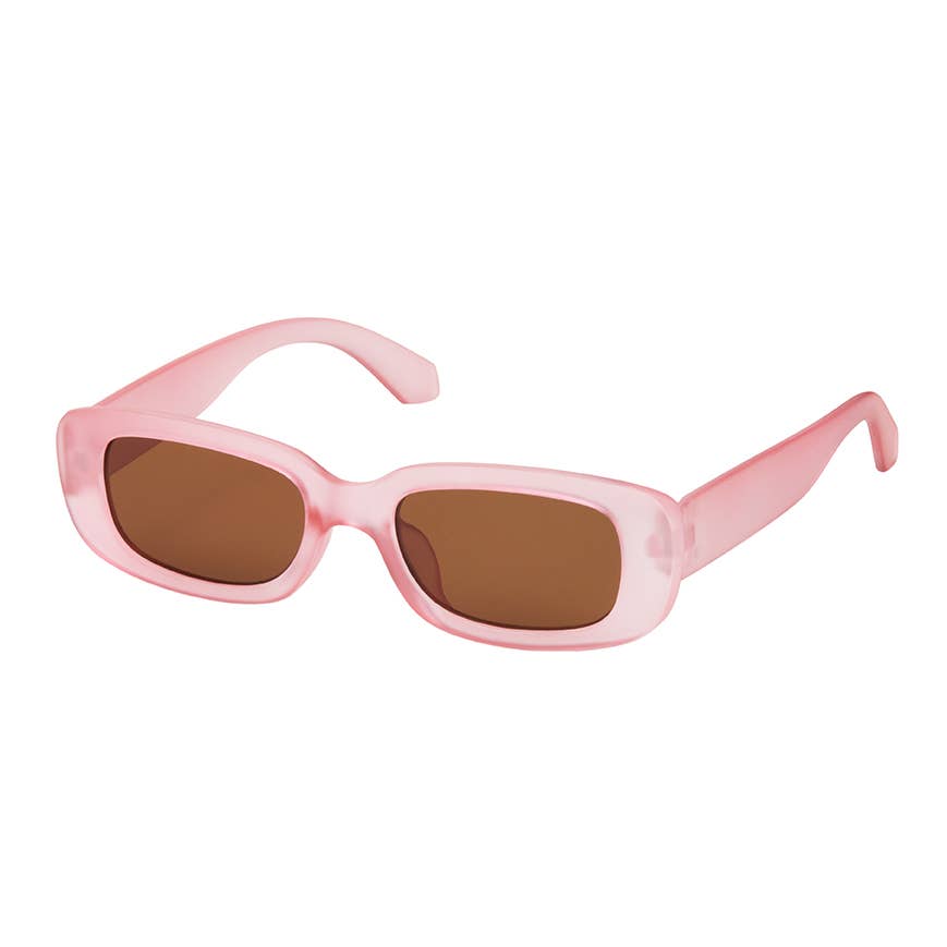 Pink sunglasses with brown lenses on a white background