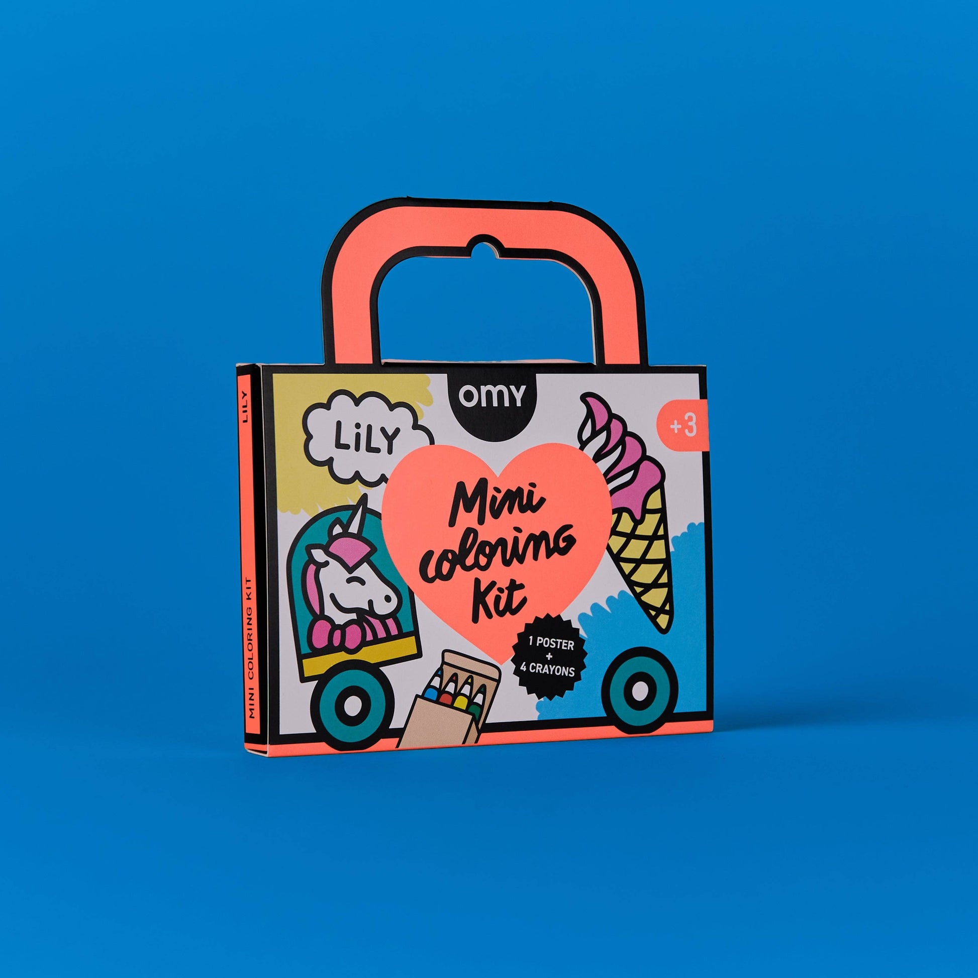 Mini coloring kit with colorful design on a blue background
