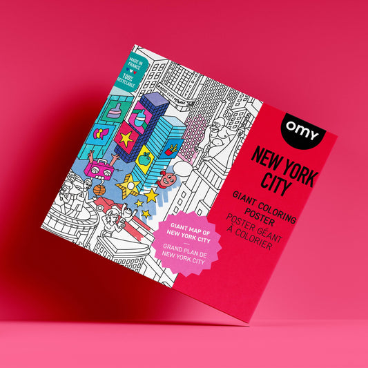 Coloring poster for New York City with OMY branding on a red background