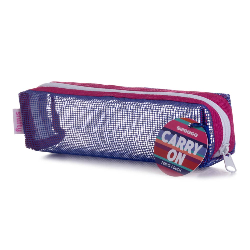 Pencil case with mesh side and colorful 'Carry On' label on a white background