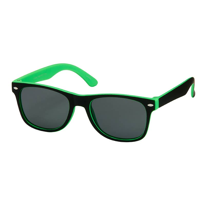 Green and black sunglasses with dark gray lenses, shown on a plain white background.
