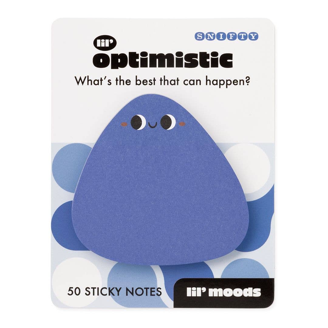 A blue triangular sticky note pad with a cute cartoon face, packaged on a white card labeled 'SNIFTY optimistic' and '50 STICKY NOTES' by 'lil' moods'.