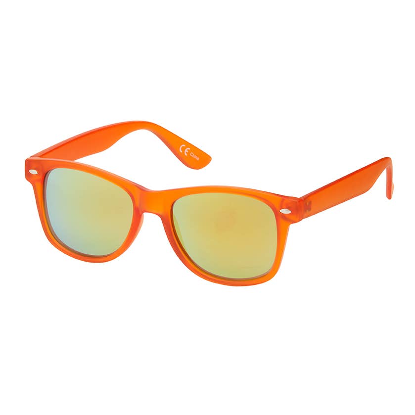 Orange sunglasses with reflective lenses on a white background