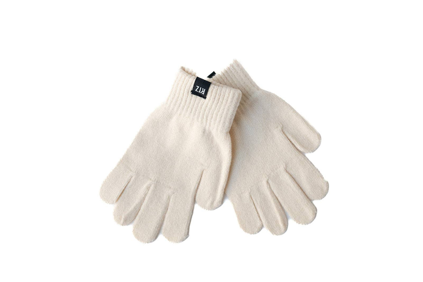 Pair of cream-colored gloves on a white background