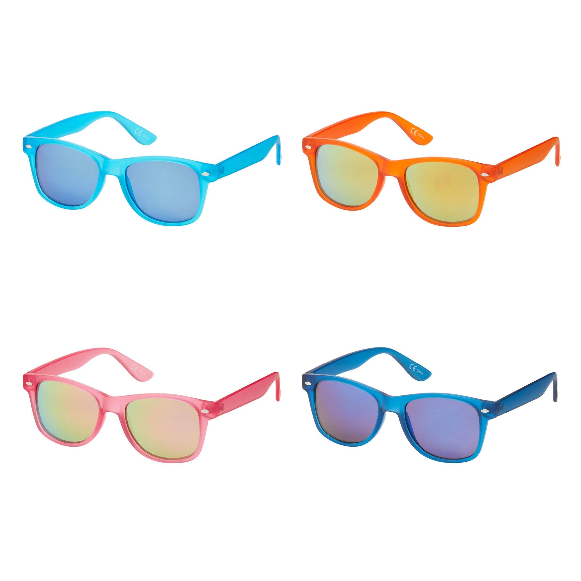 Four pairs of colorful sunglasses on a white background