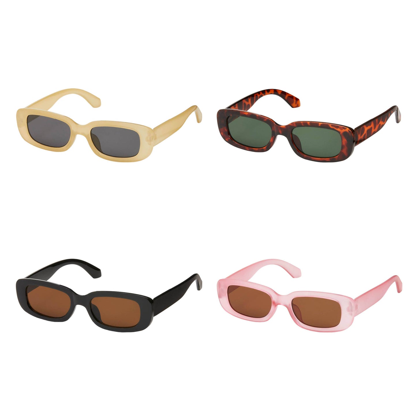 Four pairs of sunglasses in different colors on a white background