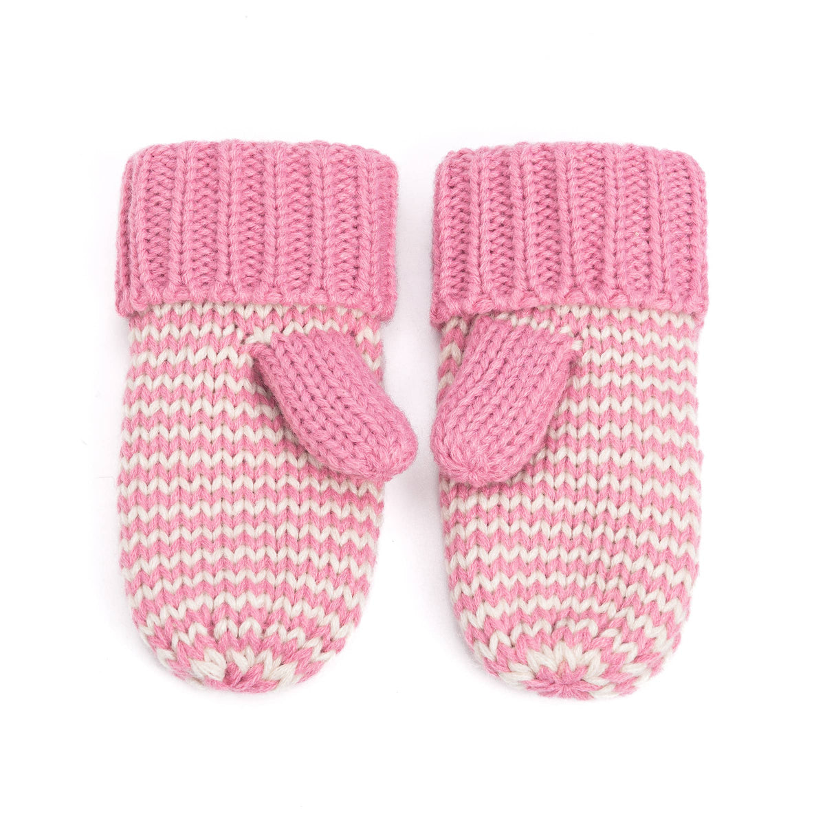 A pair of pink and white knit baby mittens with ribbed cuffs, shown on a plain white background.