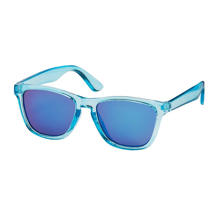Blue sunglasses with a clear frame on a white background