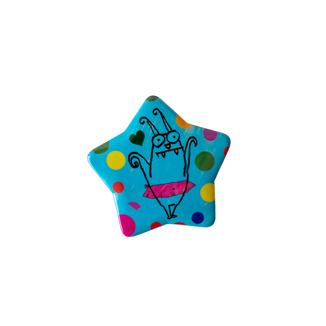 Colorful star-shaped object with a cartoon character on a white background