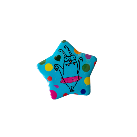Colorful star-shaped object with a cartoon character on a white background