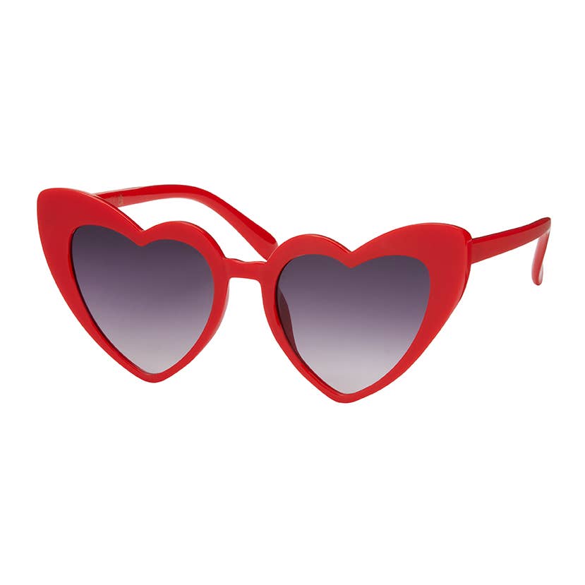 Red heart-shaped sunglasses with gradient gray lenses, shown on a plain white background.