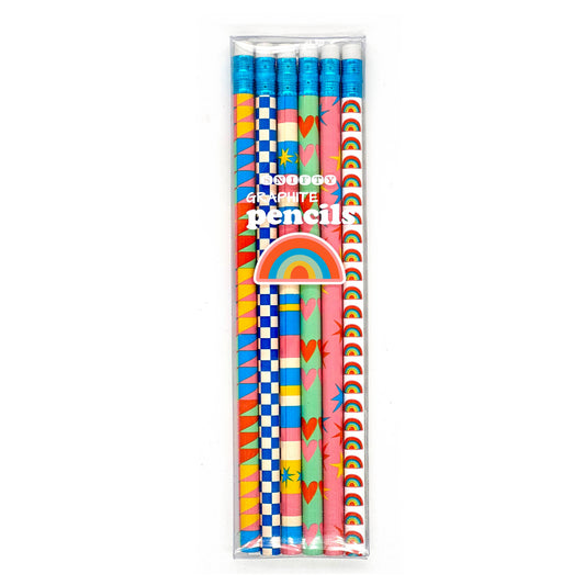Pack of colorful pencils with various designs in a clear plastic packaging on a white background.