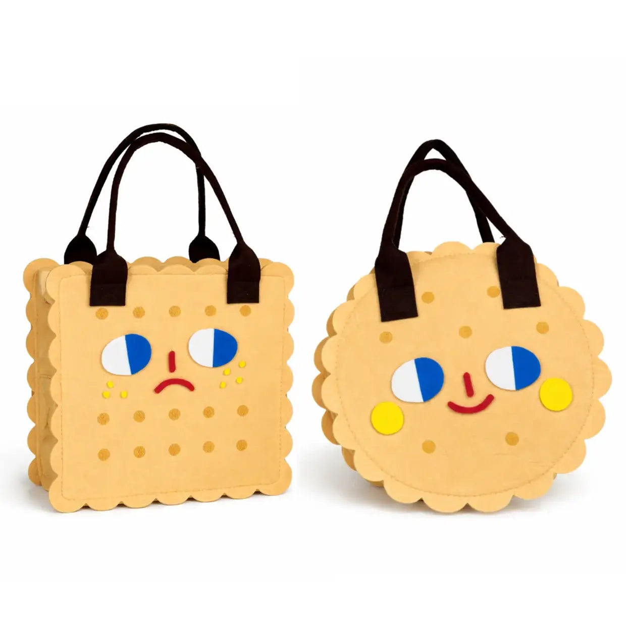 Two cartoon-style cookie-shaped bags with faces on a white background