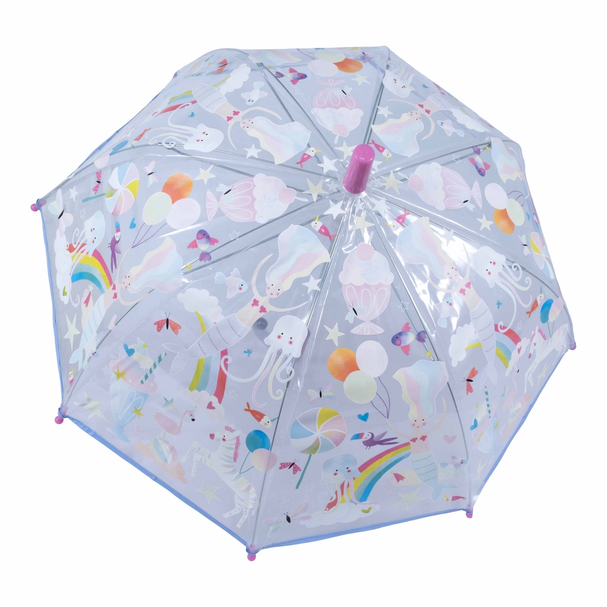Children's umbrella with colorful unicorn and rainbow pattern on a white background