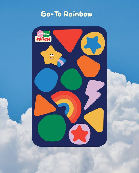 Colorful patches card with a rainbow design against a blue sky background