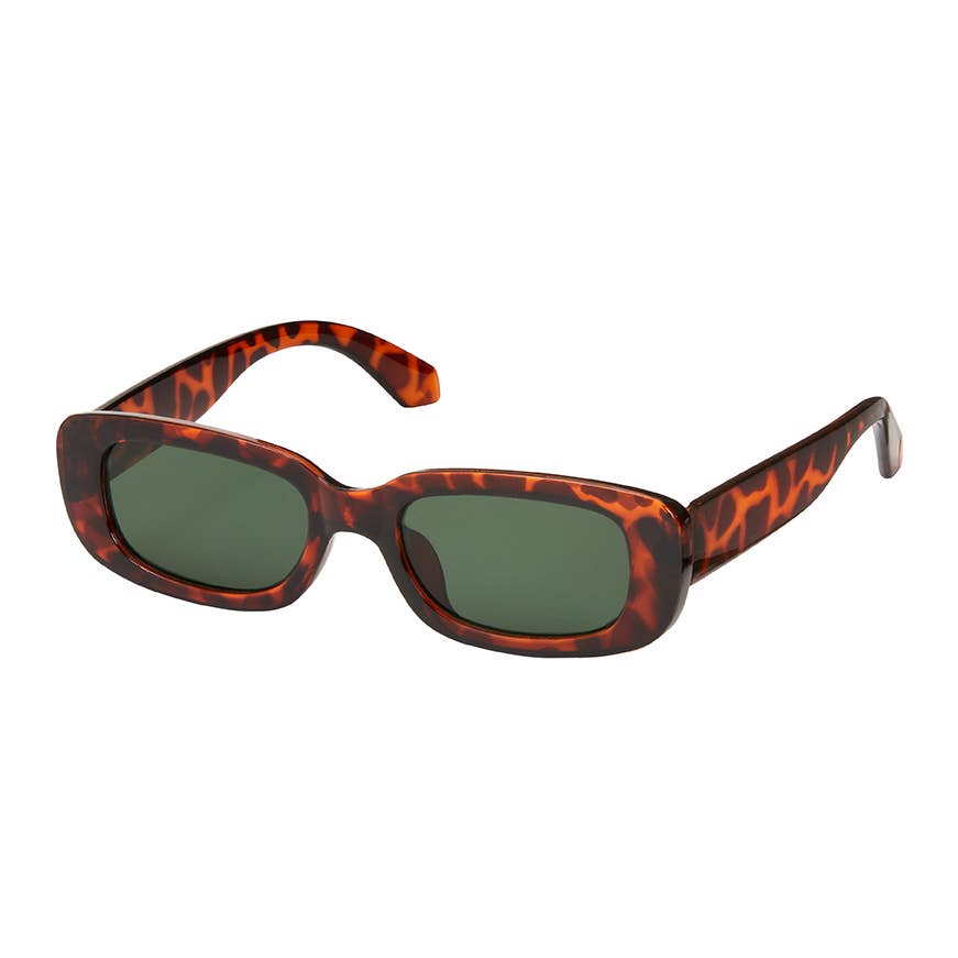 Sunglasses with tortoiseshell frame and green lenses on a white background