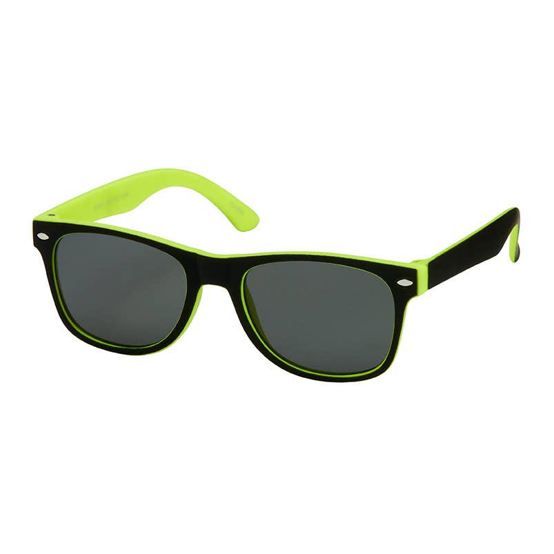 Black and neon yellow-green sunglasses with dark gray lenses, shown on a plain white background.