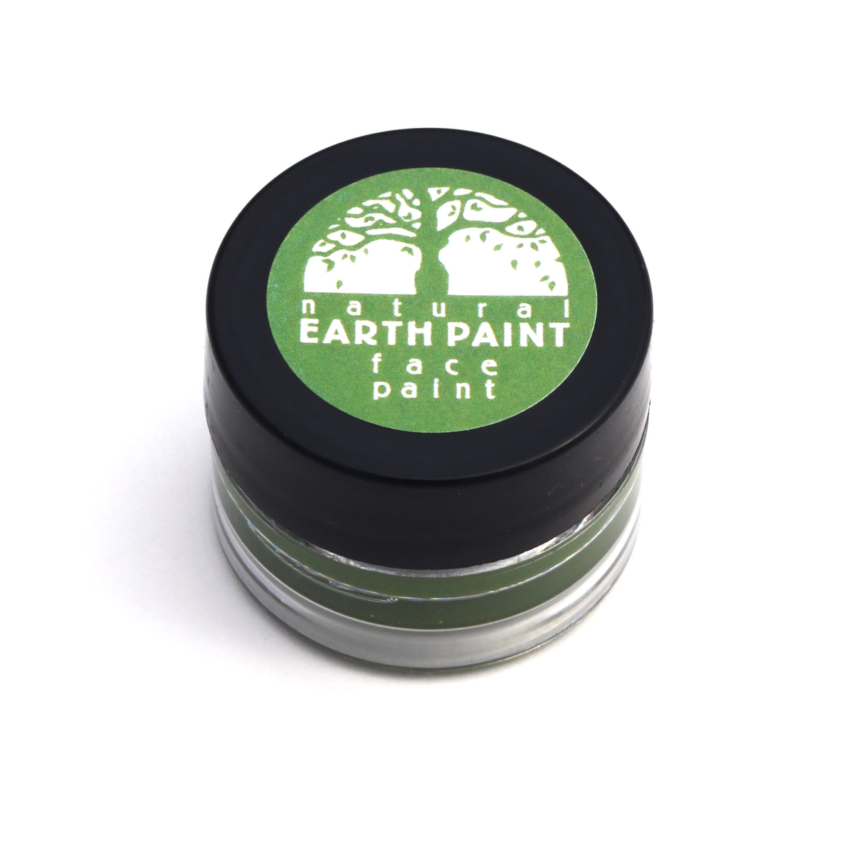 Jar of natural earth paint with green lid on a white background