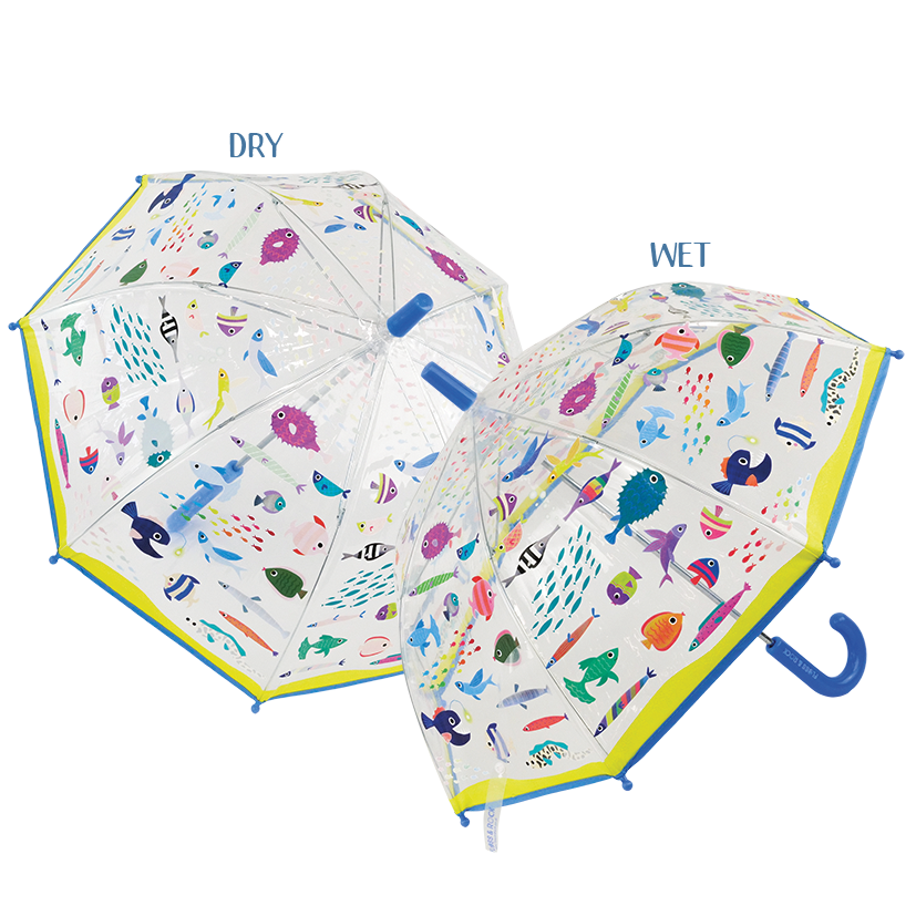 Two children's umbrellas with animal prints, one dry and one wet, on a white background.