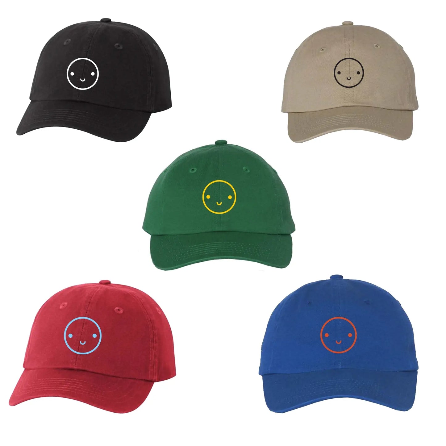 Five baseball caps in black, beige, green, red, and blue with smiley face designs on a white background.