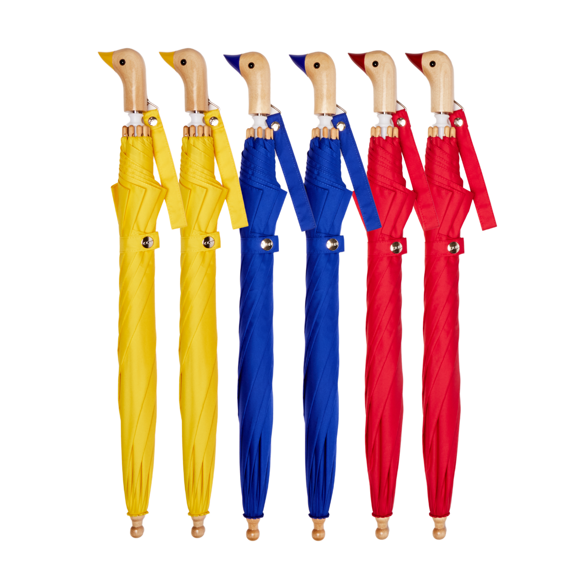 Set of three colorful umbrellas with wooden handles on a white background