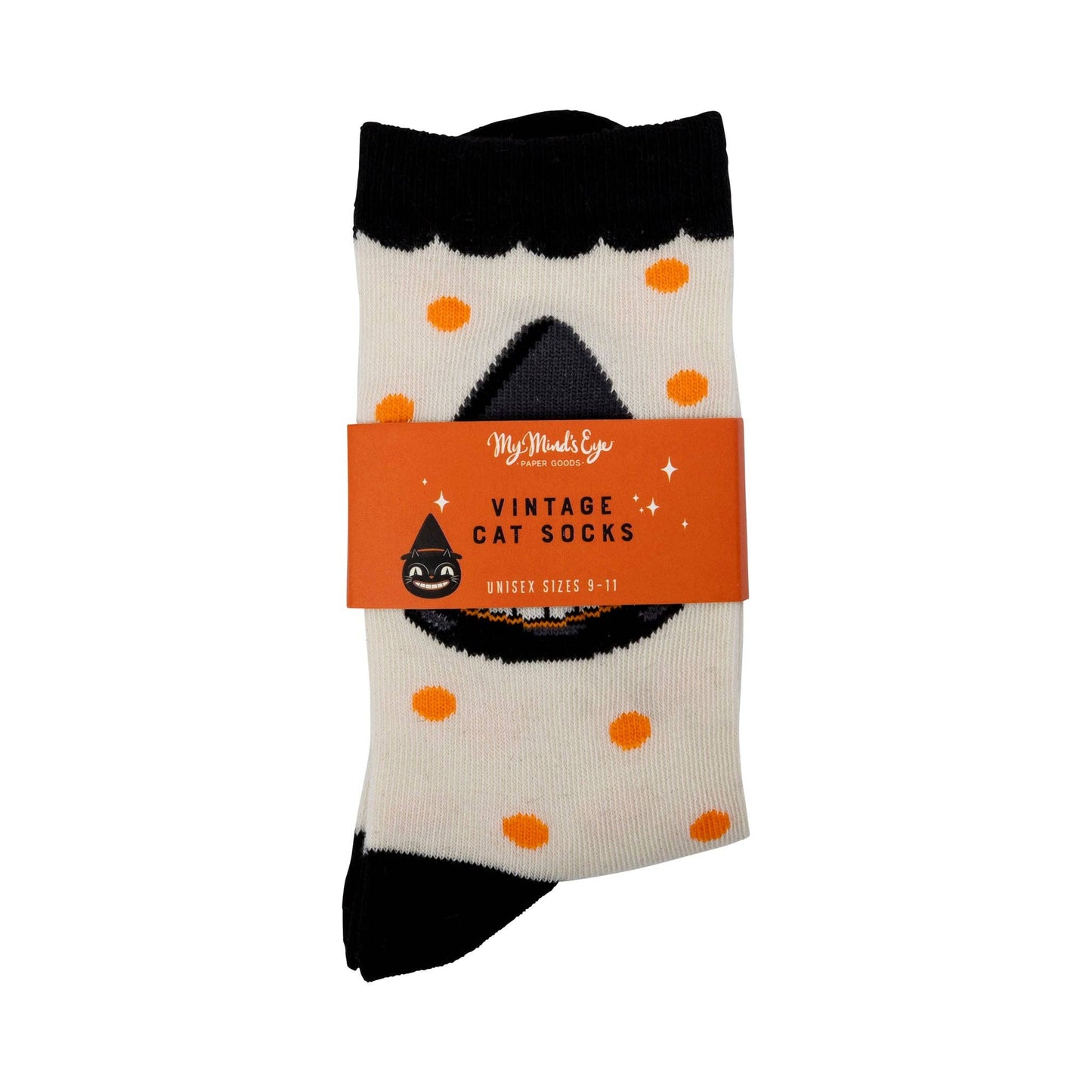 Cat-themed socks with orange polka dots and black accents, featuring a label on a white background.