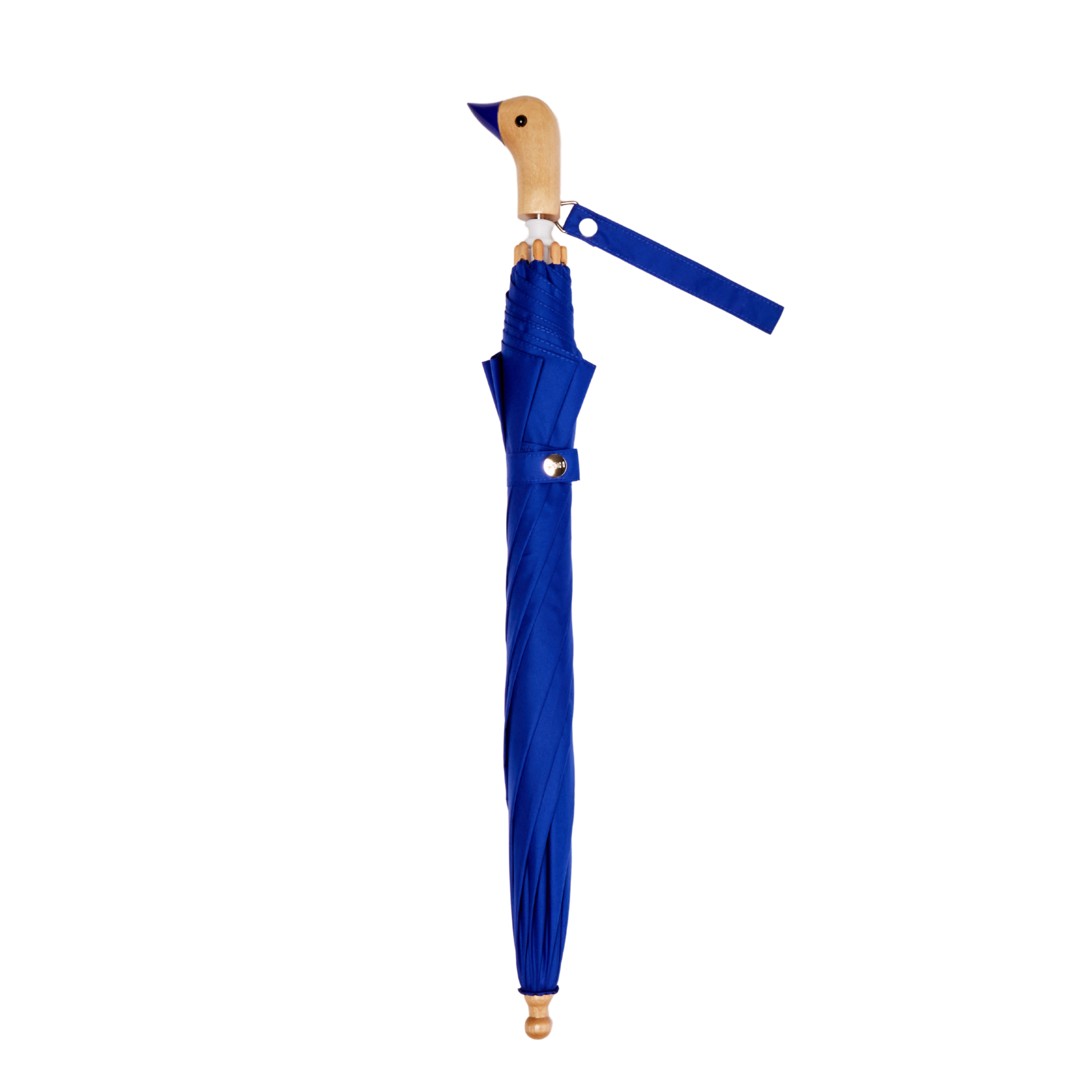 Blue umbrella with wooden handle and blue strap on a white background