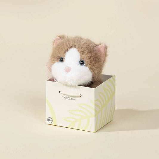 Stuffed animal cat toy in a box on a beige background