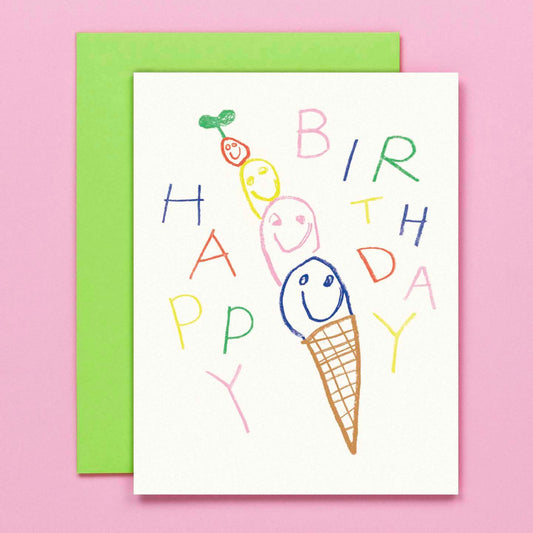 Children's drawing of a birthday card with colorful text and an ice cream cone on a pink background.