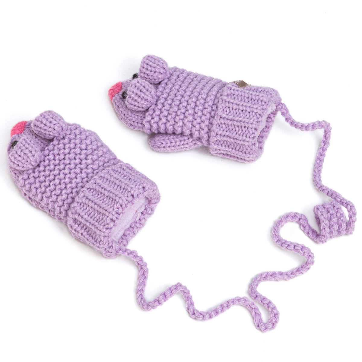 Purple knitted mouse mittens on a white background