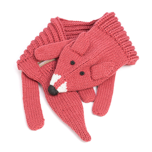 Knitted scarf with a fox design on a white background