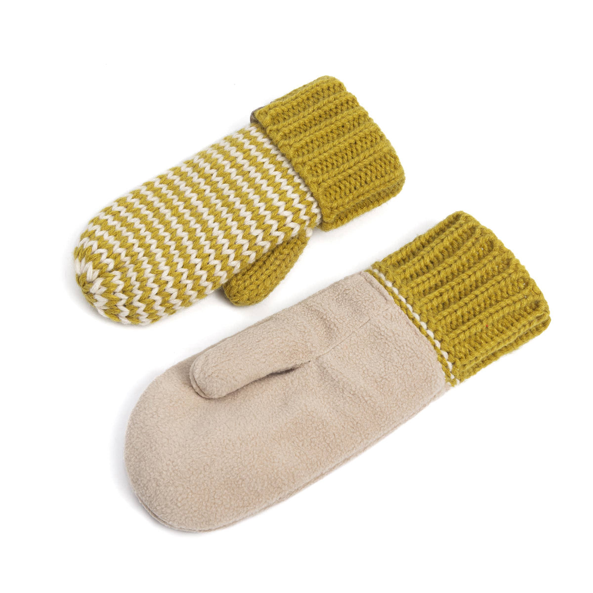 A pair of knit-and-suede winter mittens on a clean white background. One mitten has a mustard yellow and white striped knit body with a ribbed yellow cuff, and the other has a solid beige suede-like body with a matching yellow ribbed cuff.