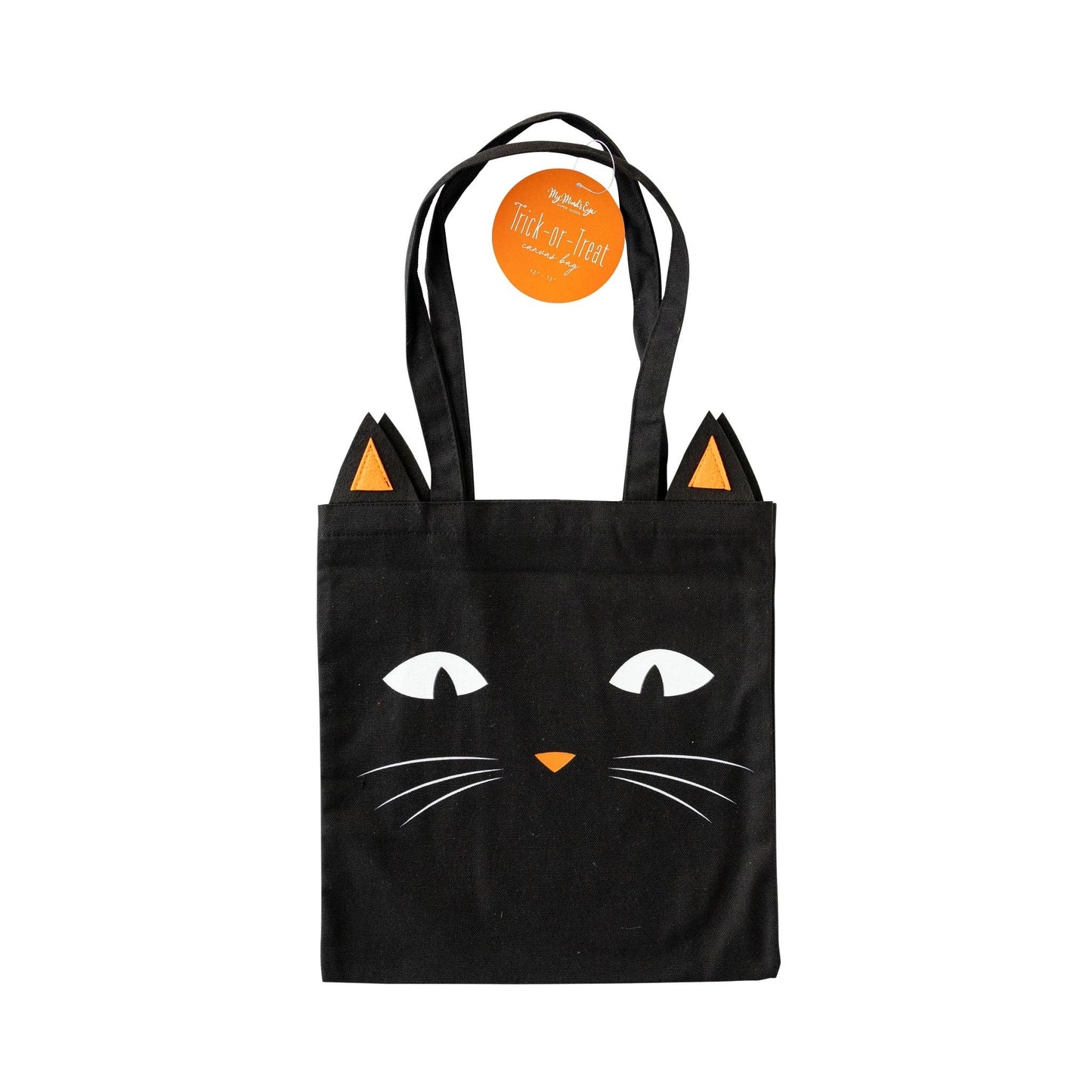 Black tote bag with cat face design on a white background