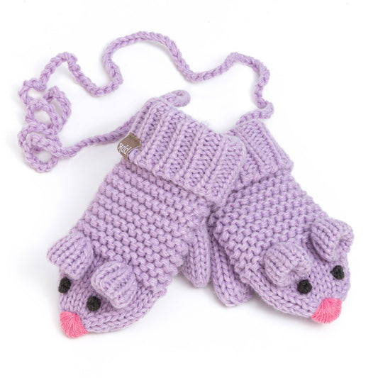 Purple knitted mouse mittens on a white background