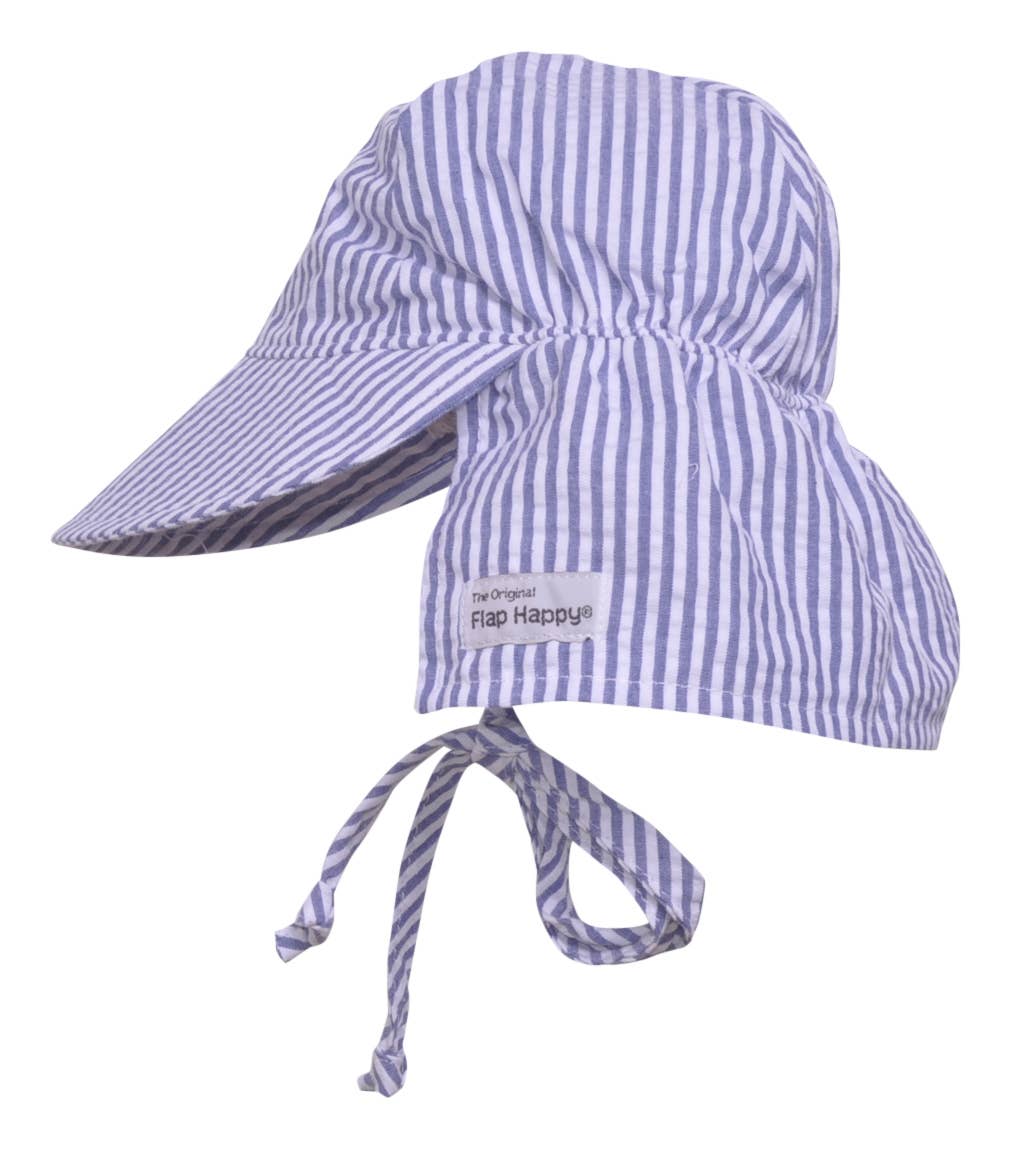 Blue and white striped sun hat with a brand label on a white background