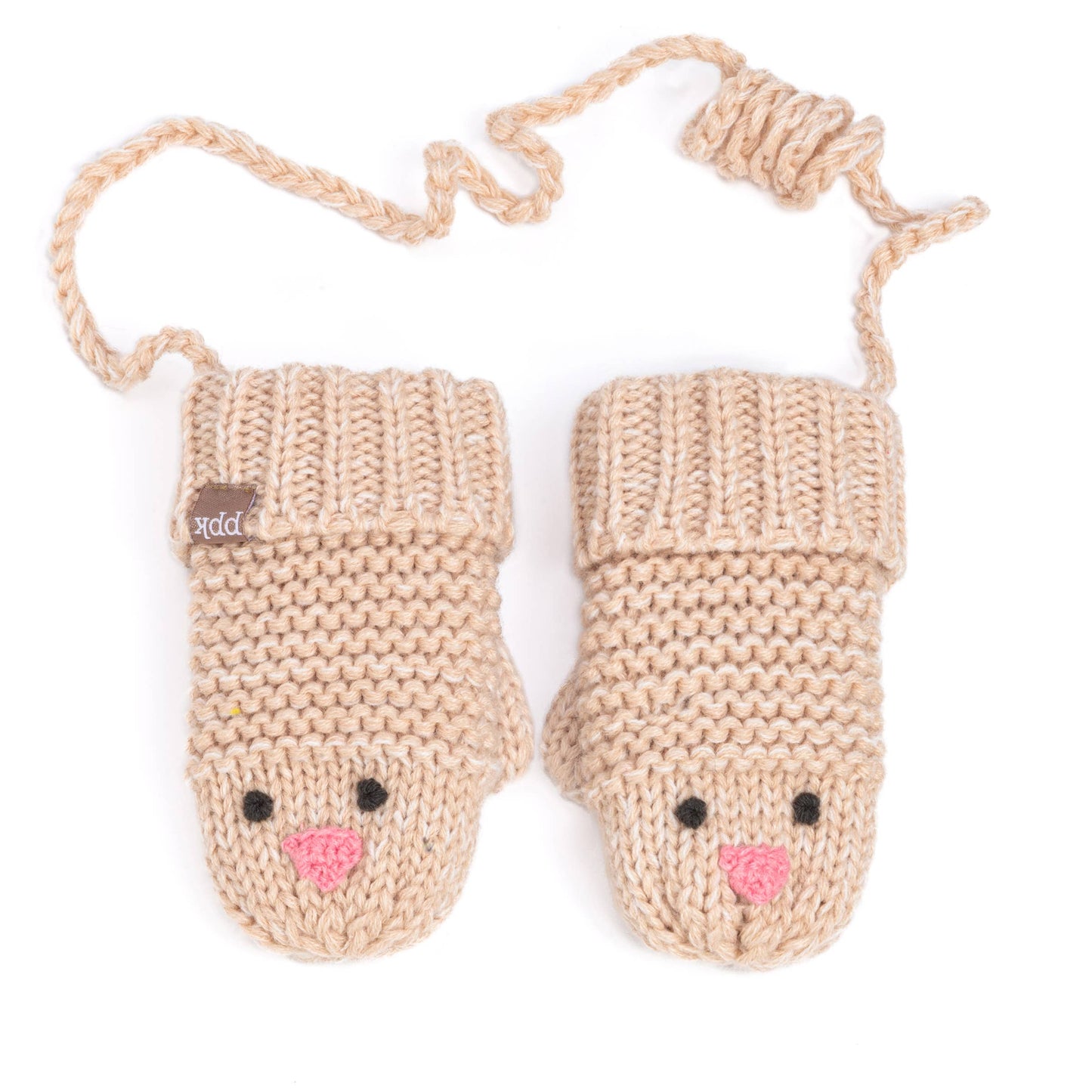 Pair of beige knitted mittens with a face design on a white background