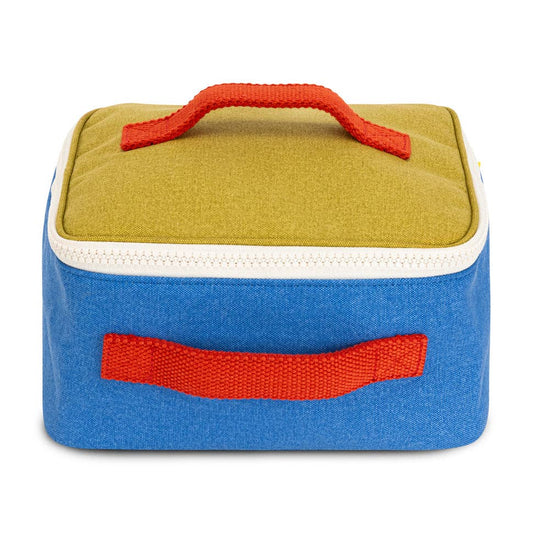Rectangular fabric case with red handles on a white background
