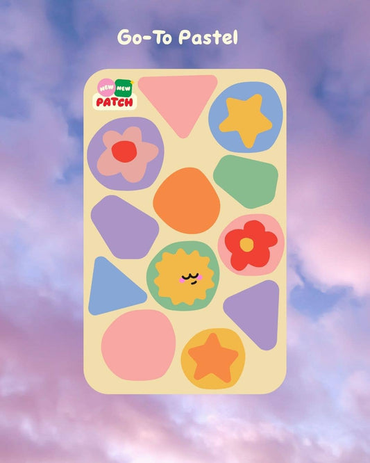 Colorful shape sticker sheet with 'Patch' branding on a pastel gradient background
